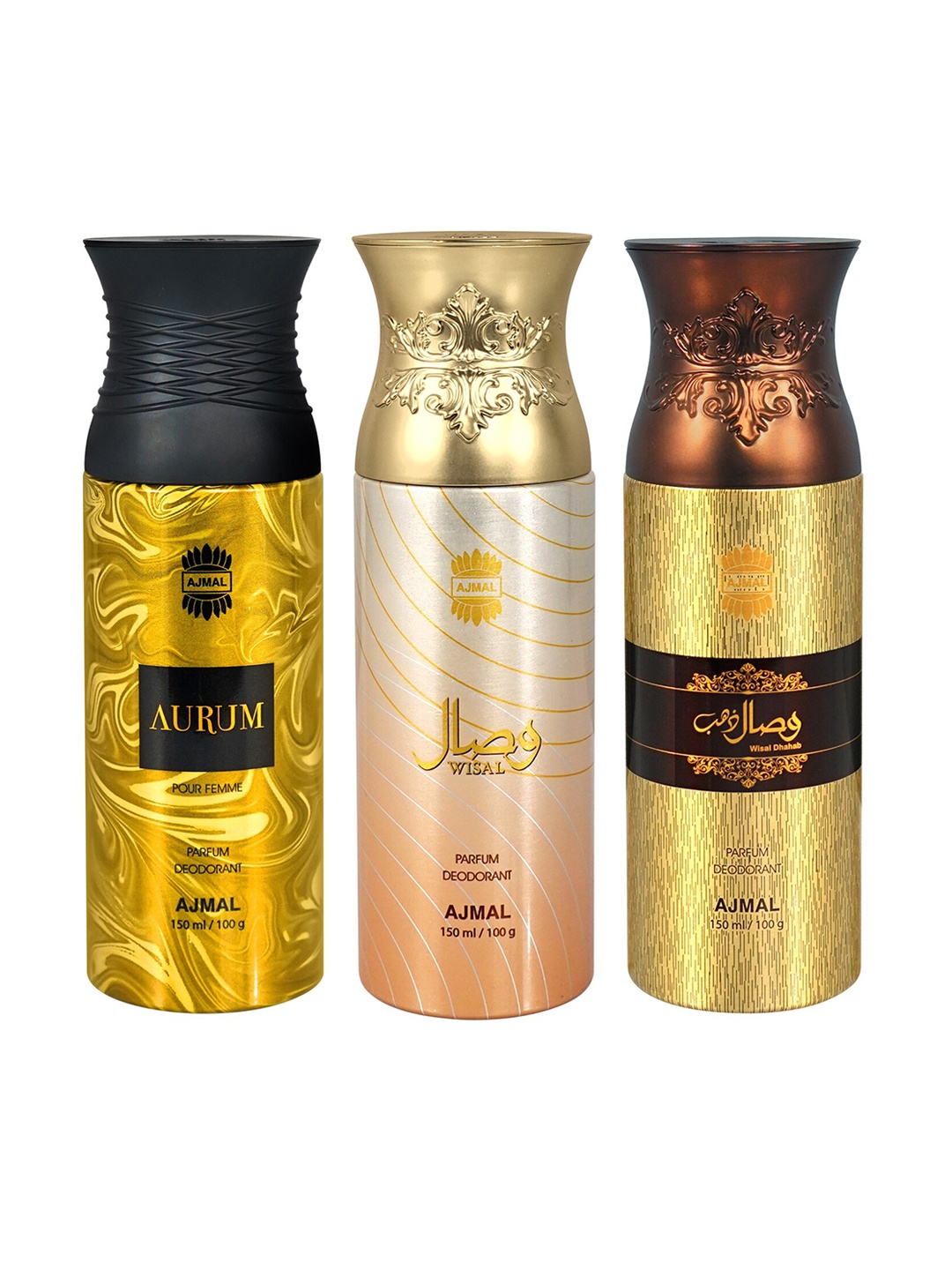 

Ajmal Set of Aurum + Wisal + Wisal Dhahab Deodorant Spray - 150 ml each, Yellow