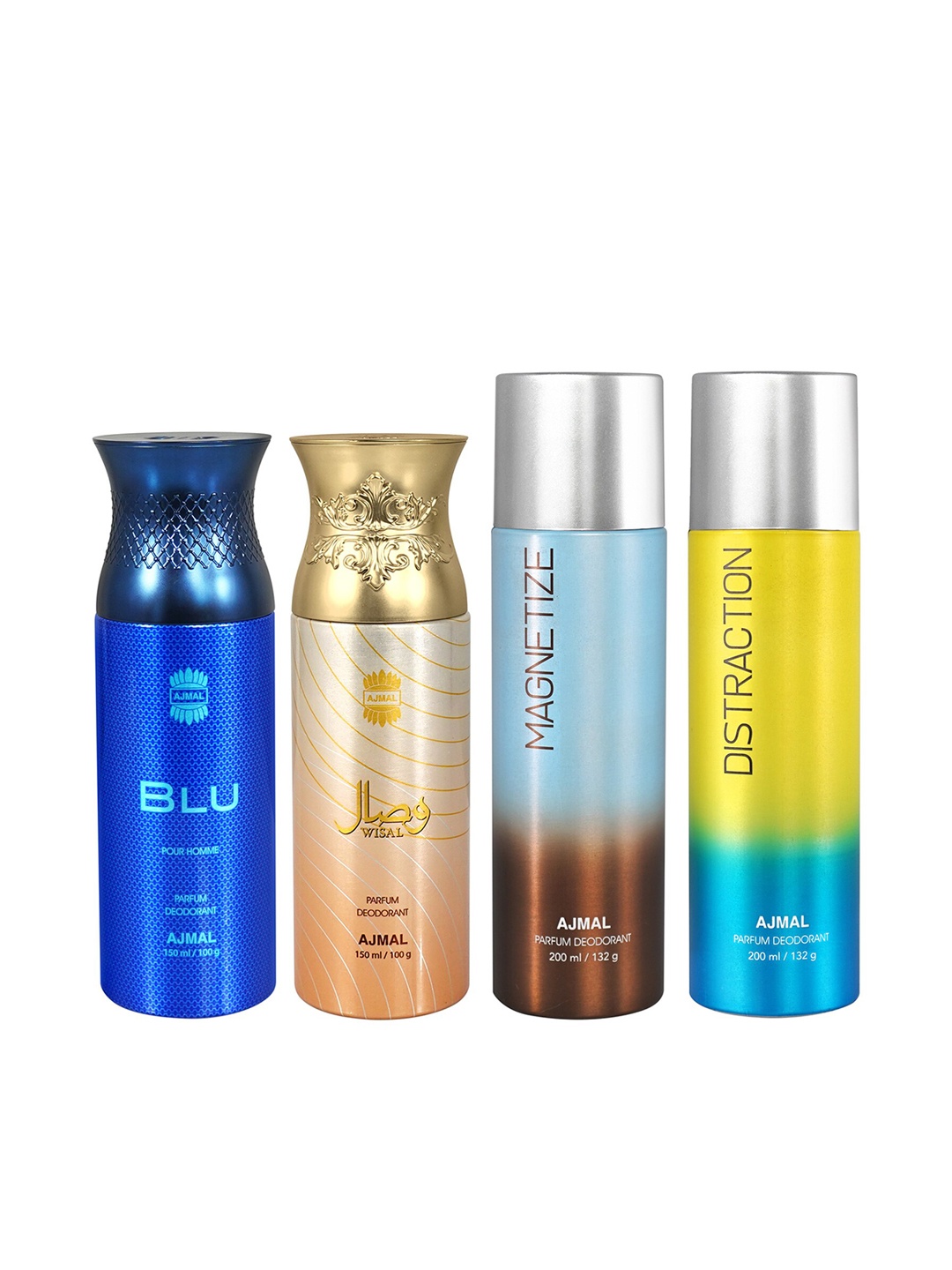 

Ajmal Set of Distraction + Magnetize + Wisal + Blu Long Lasting Deodorant Spray, Multi