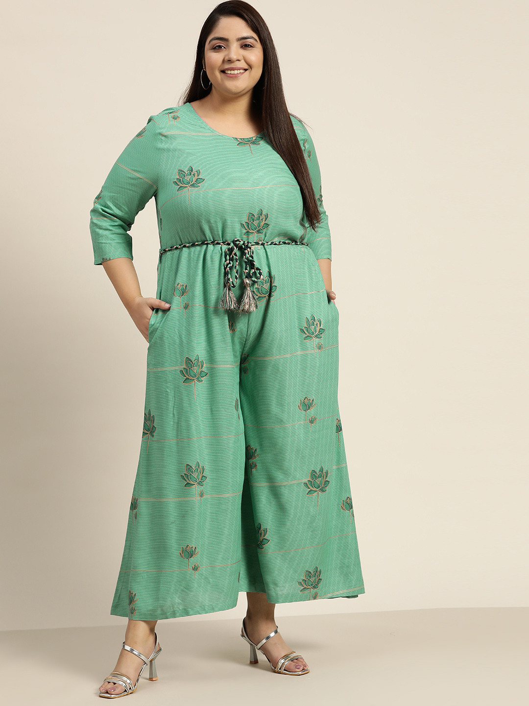

Sztori Plus Size Printed Basic Jumpsuit, Green
