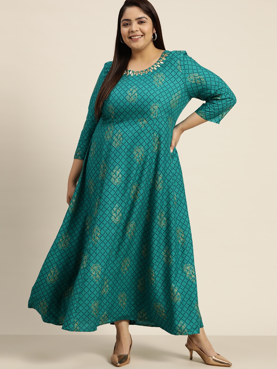 

Sztori Plus Size Floral Print Mirror Work A-Line Maxi Ethnic Dress, Teal