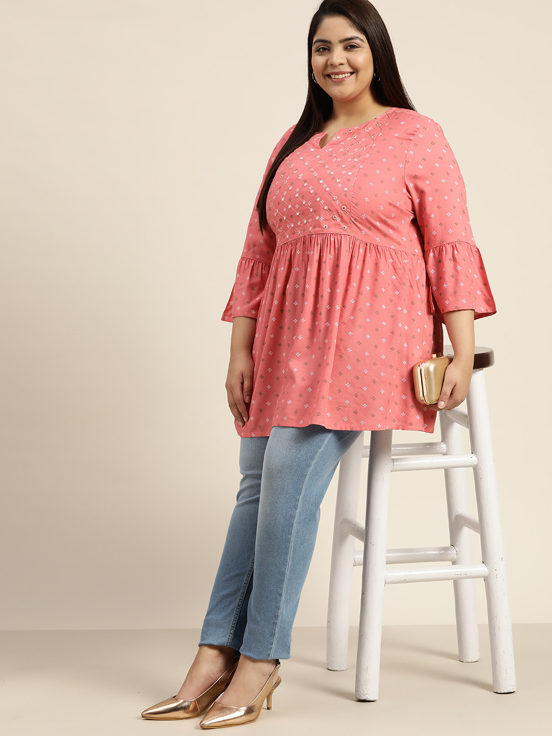 

Sztori Women Plus Size Ethnic Motifs Printed Mirror Work A-Line Top, Peach