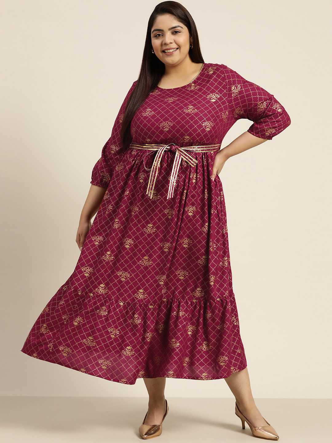 

Sztori Plus Size Printed A-Line Midi Ethnic Dress with a Belt, Magenta