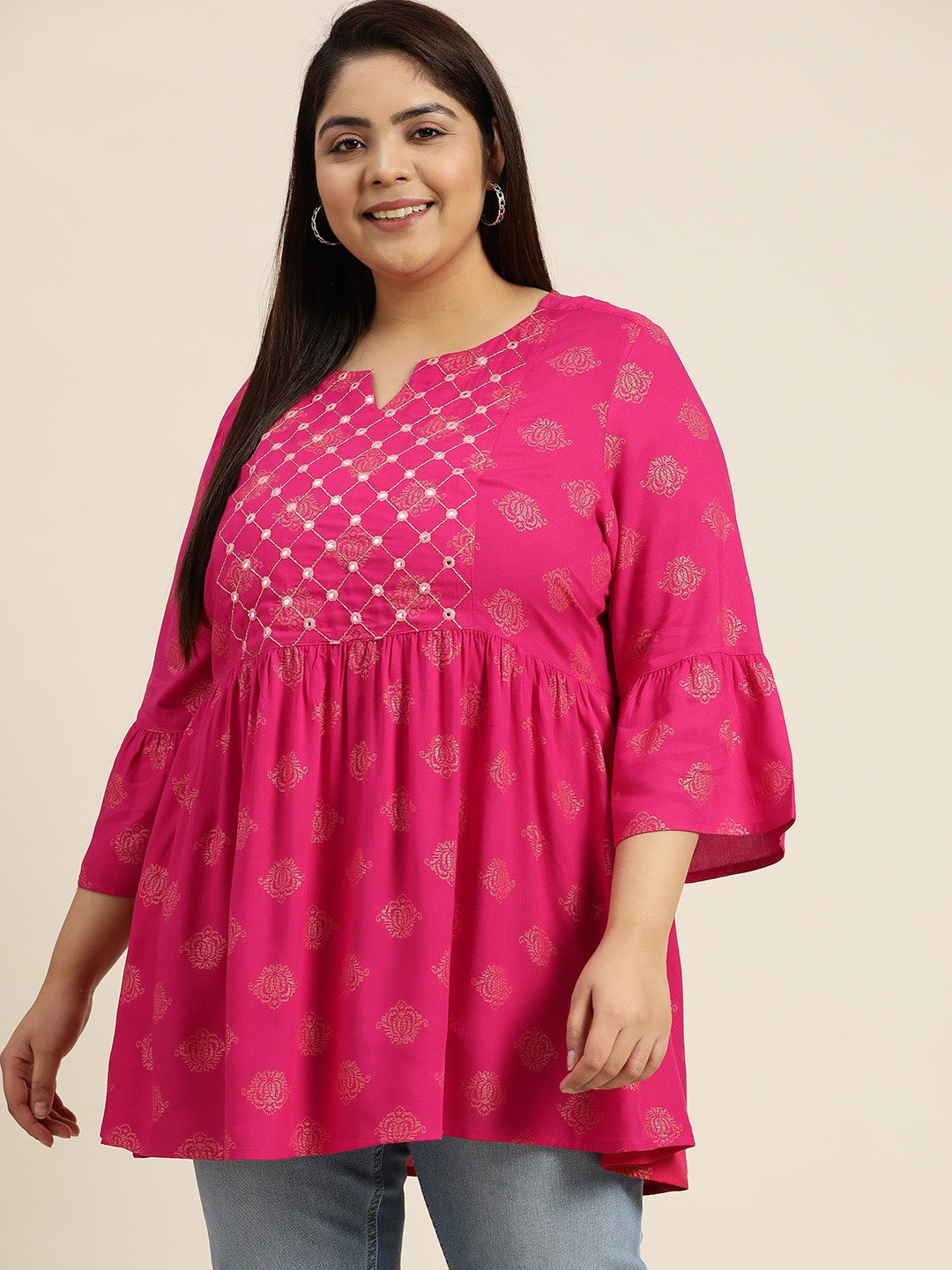 

Sztori Women Plus Size Ethnic Motifs Printed Mirror Work A-Line Top, Fuchsia
