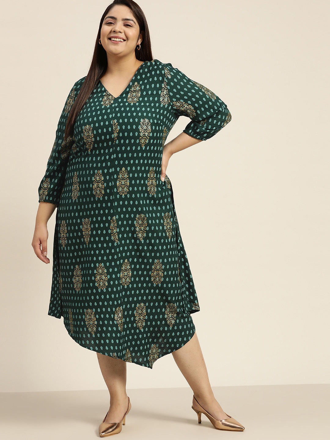 

Sztori Plus Size Printed Asymmetric Hem A-Line Midi Ethnic Dress, Green