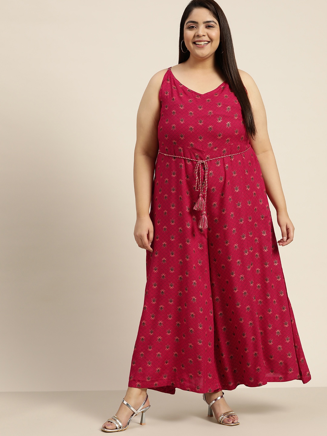 

Sztori Plus Size Printed Basic Jumpsuit with Belt, Fuchsia
