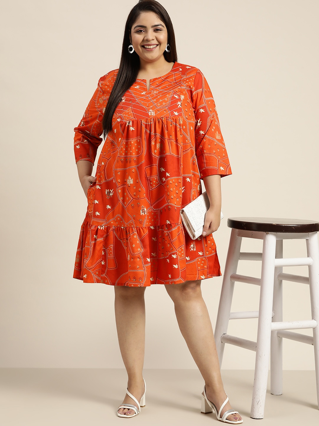 

Sztori Plus Size Ethnic Motifs A-Line Dress, Orange