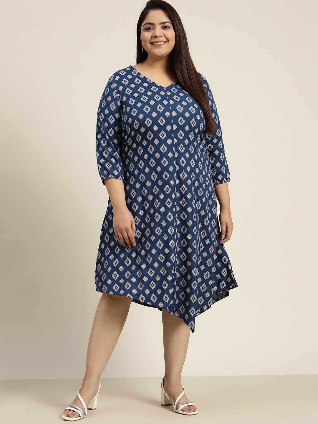 

Sztori Plus Size Printed A-Line Dress, Navy blue