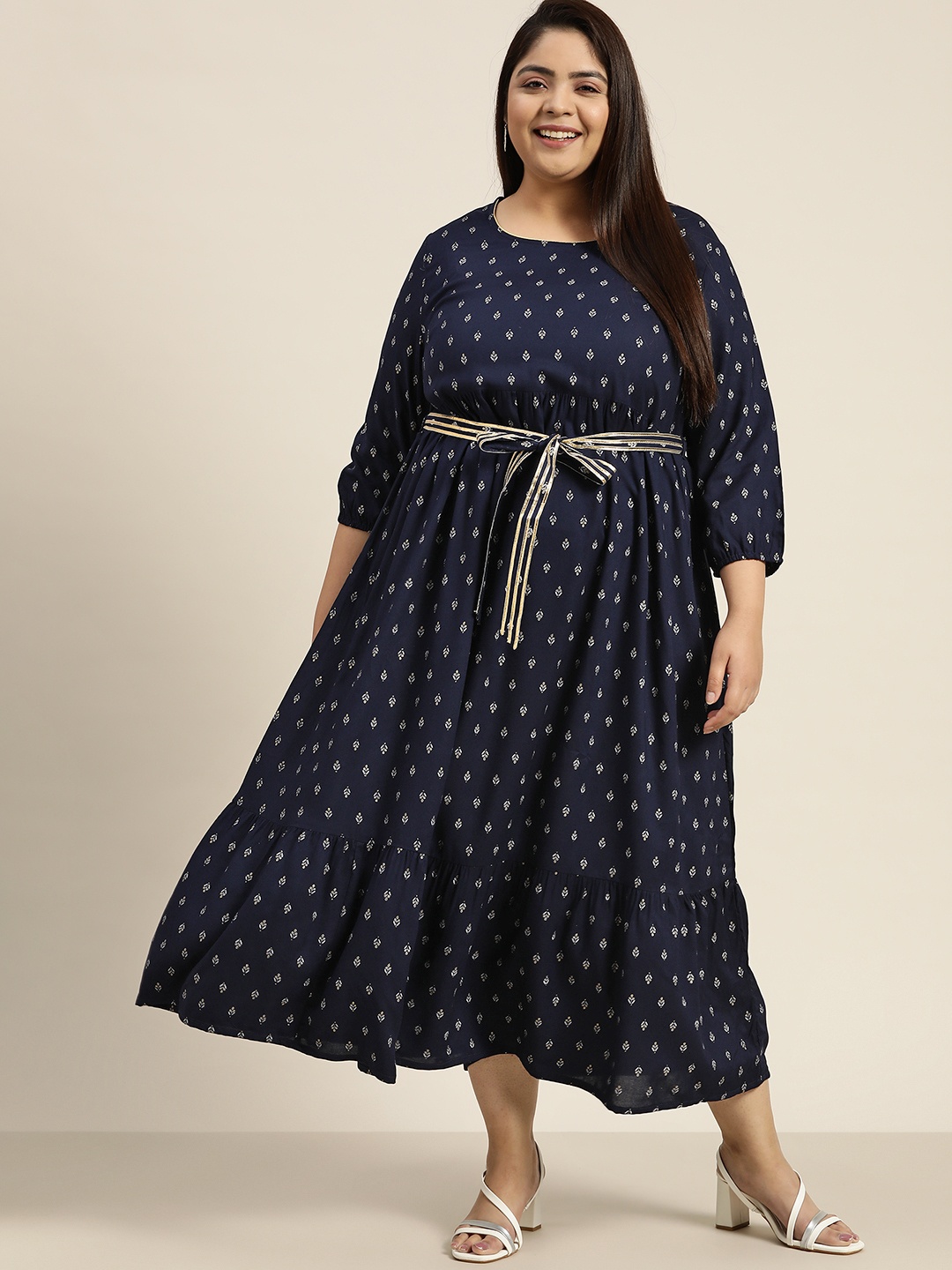 

Sztori Plus Size Ethnic Motifs A-Line Midi Dress, Navy blue
