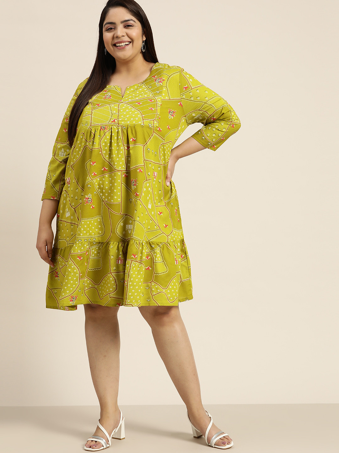 

Sztori Women Plus Size Geometric Printed A-Line Dress, Olive