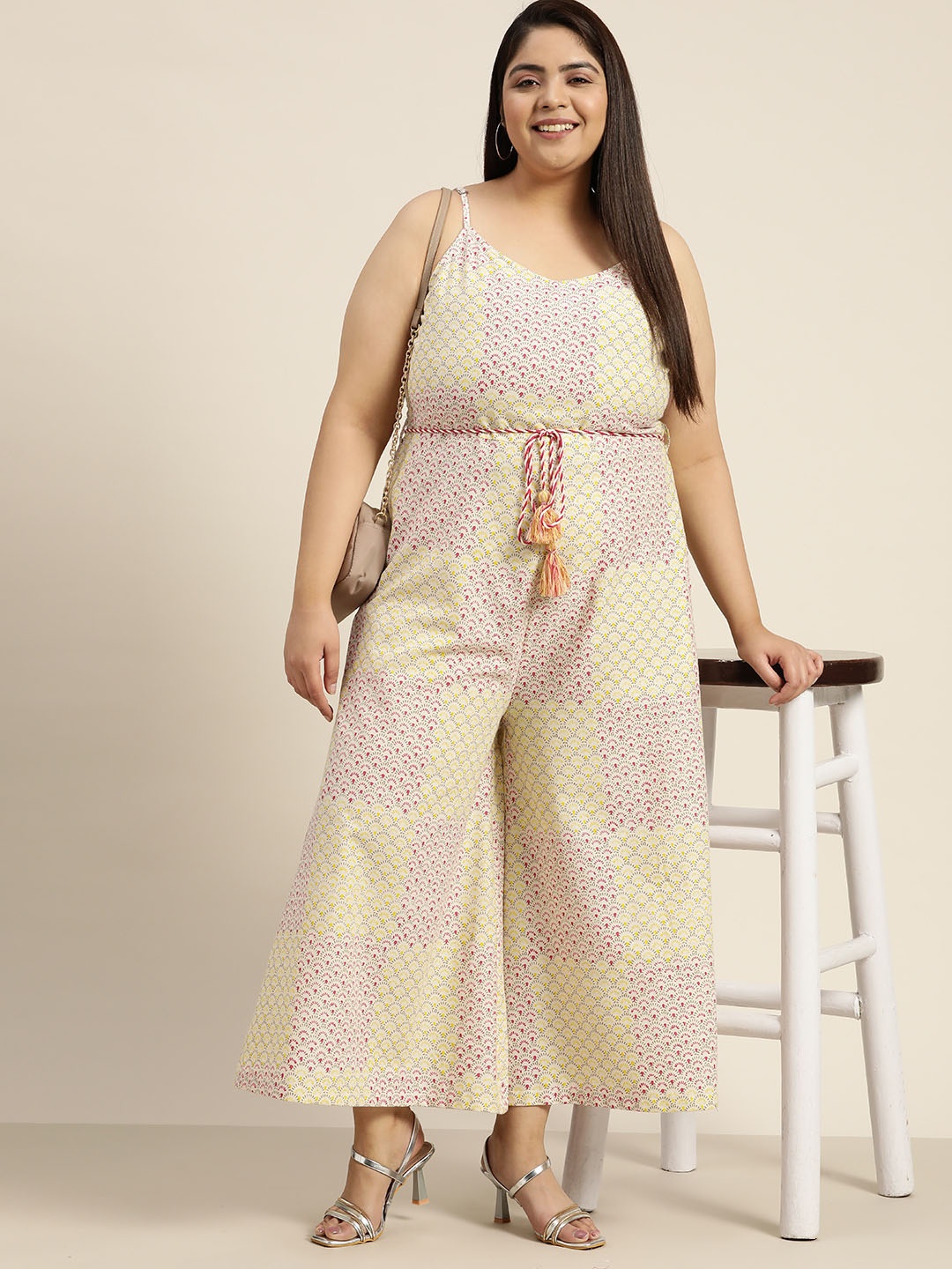 

Sztori Plus Size Printed Pure Cotton Basic Jumpsuit, White