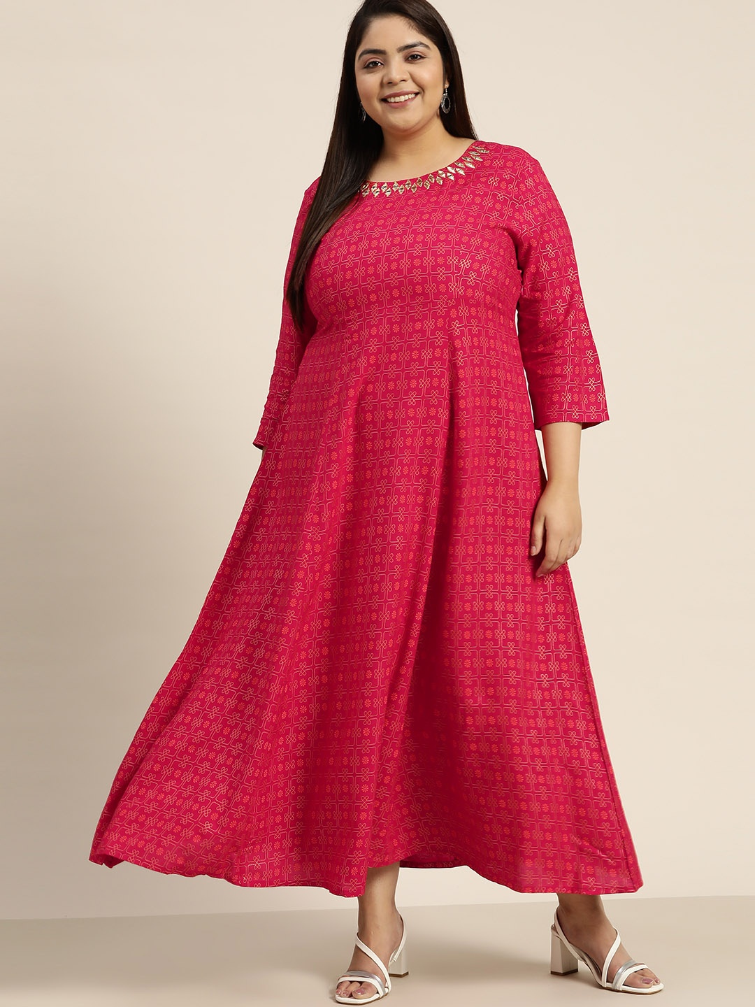 

Sztori Women Plus Size Printed Mirror Work Maxi Ethnic Dress, Red