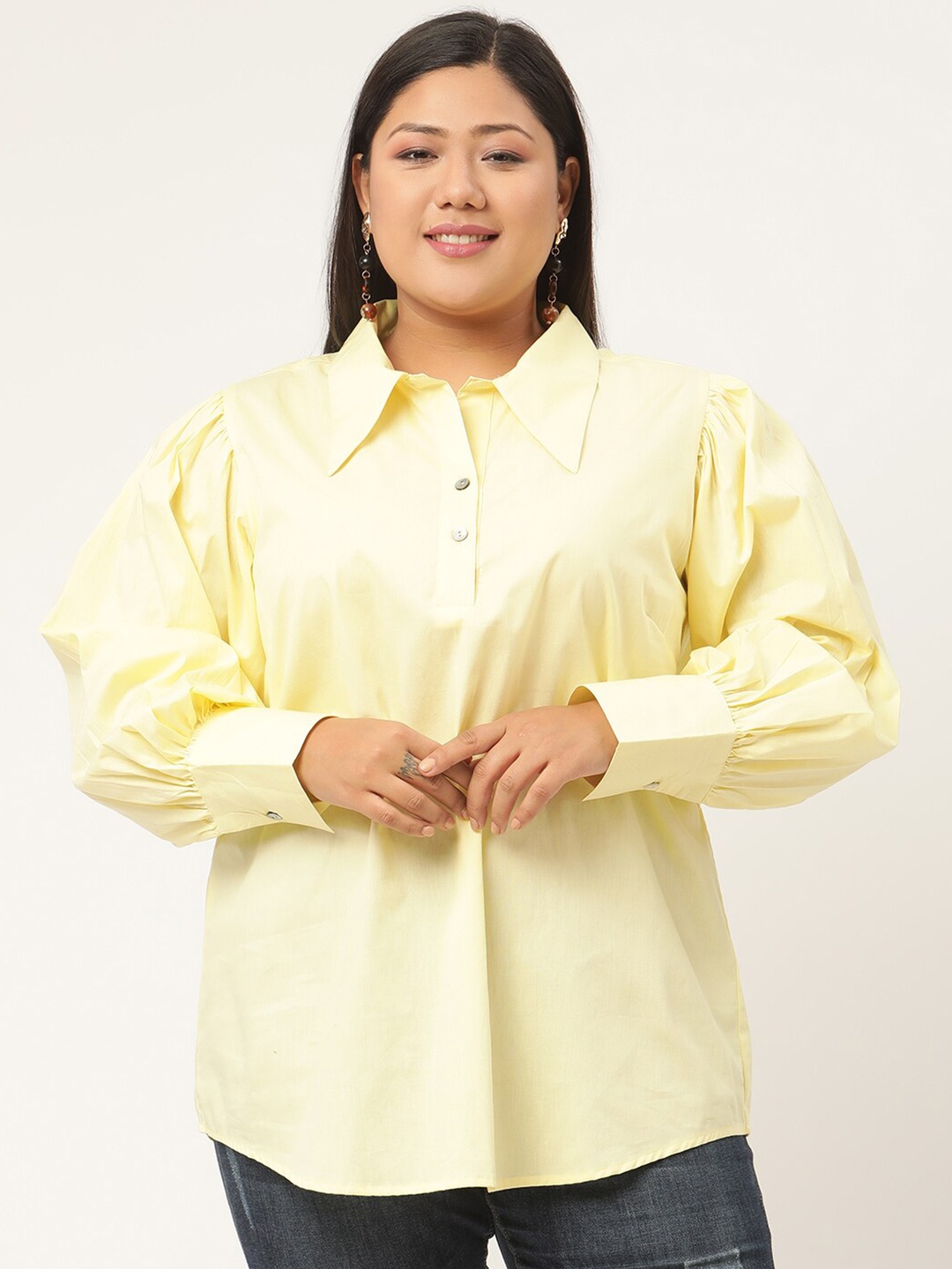 

theRebelinme Women Plus Size Yellow Shirt Pure Cotton Style Top