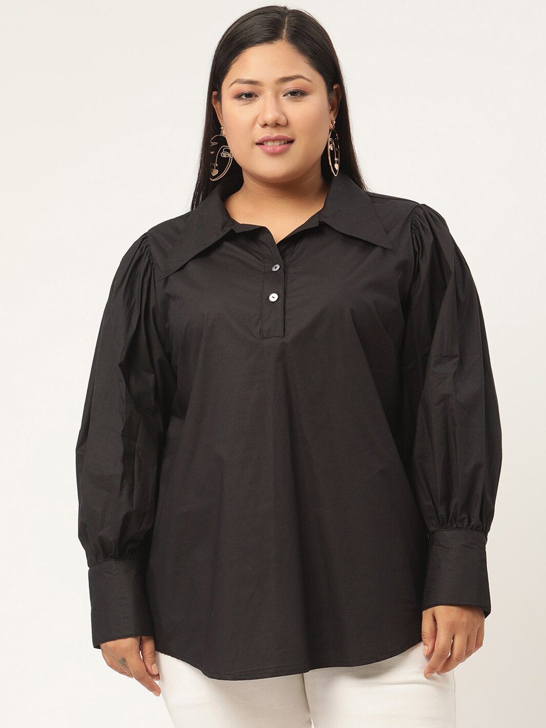 

theRebelinme Women Plus Size Black Solid Pure Cotton Shirt Style Top