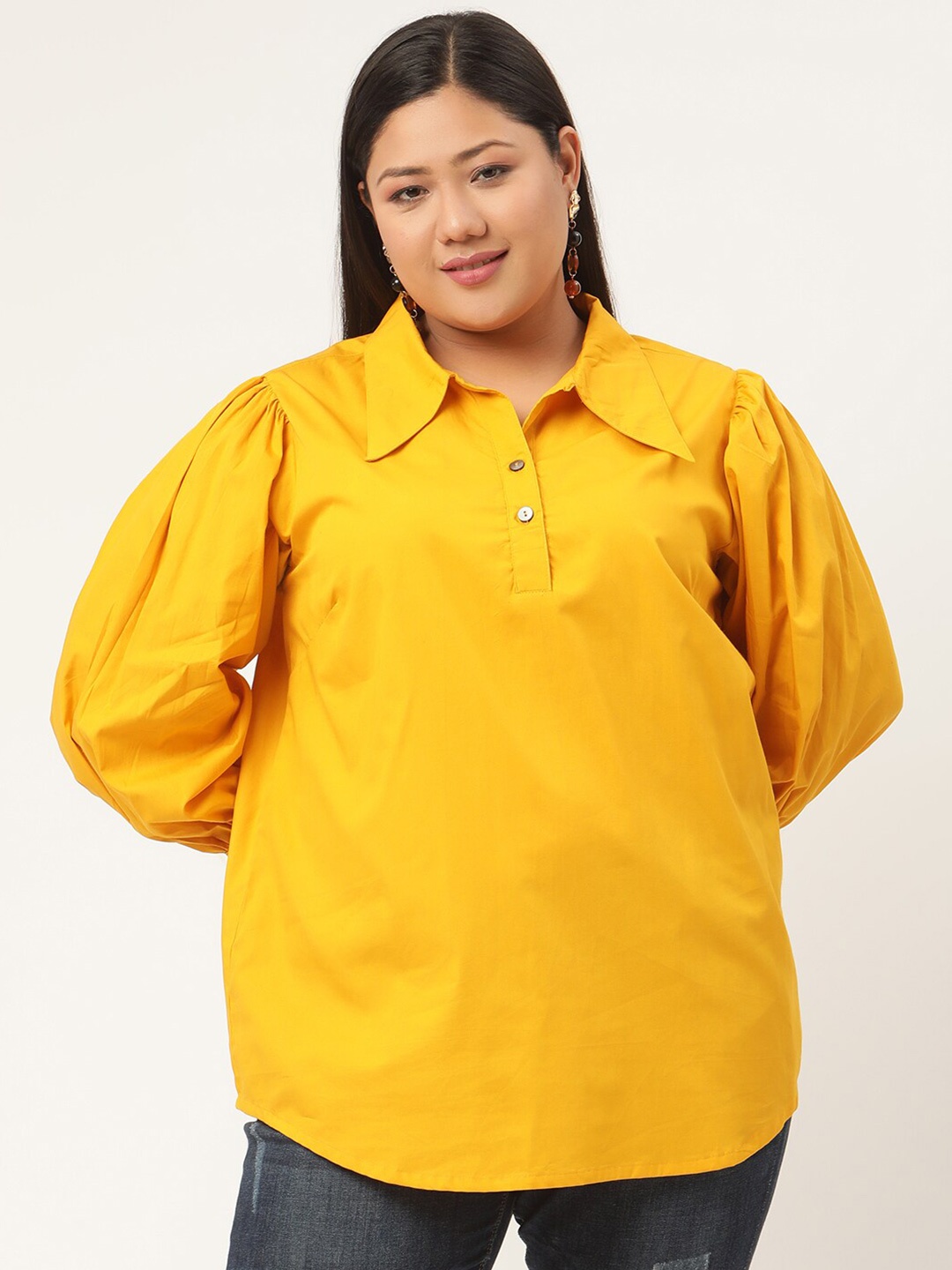 

theRebelinme Plus Size Women Mustard Yellow Pure Cotton Shirt Style Top