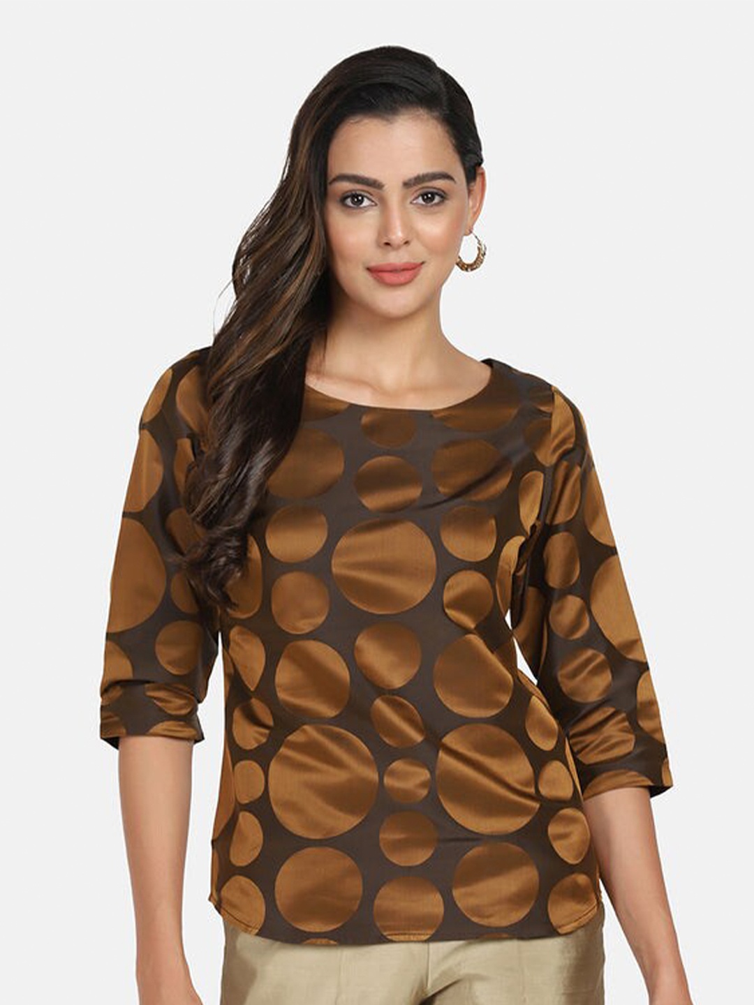 

PowerSutra Brown Geometric Print Pure Silk Top