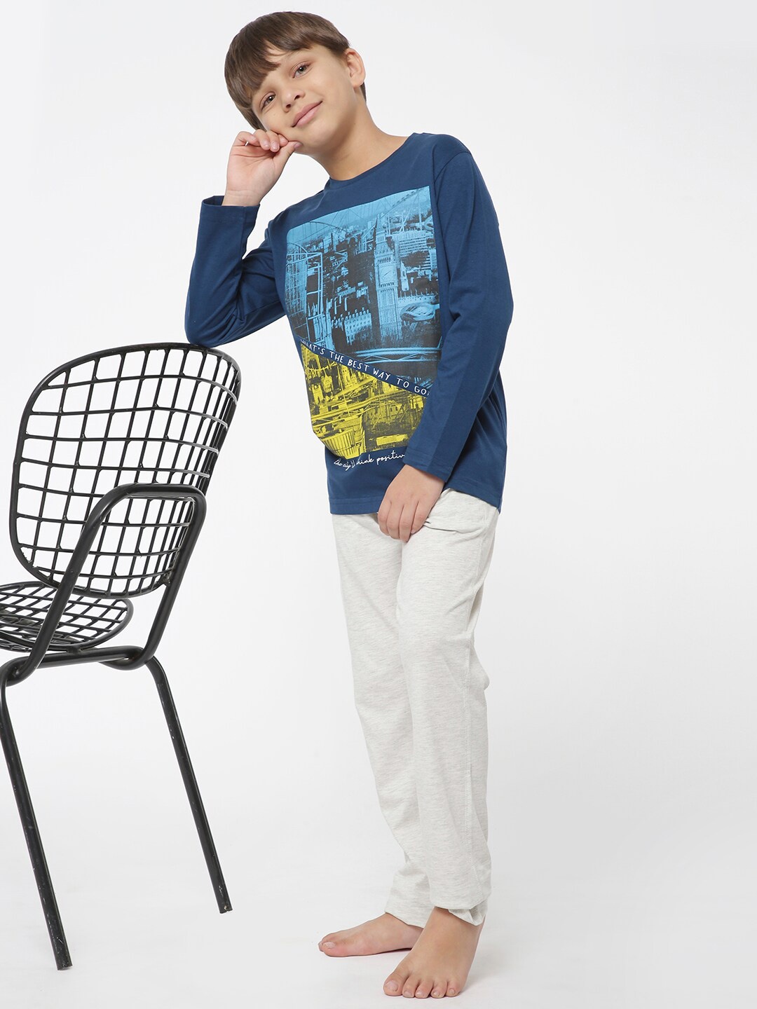 

Sweet Dreams Boys Navy Blue & Grey Melange Printed Nightsuit