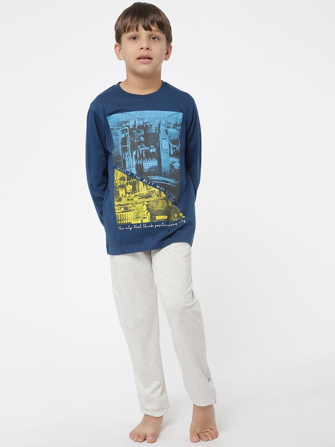 

Sweet Dreams Boys Navy Blue & Grey Melange Printed Night Suit