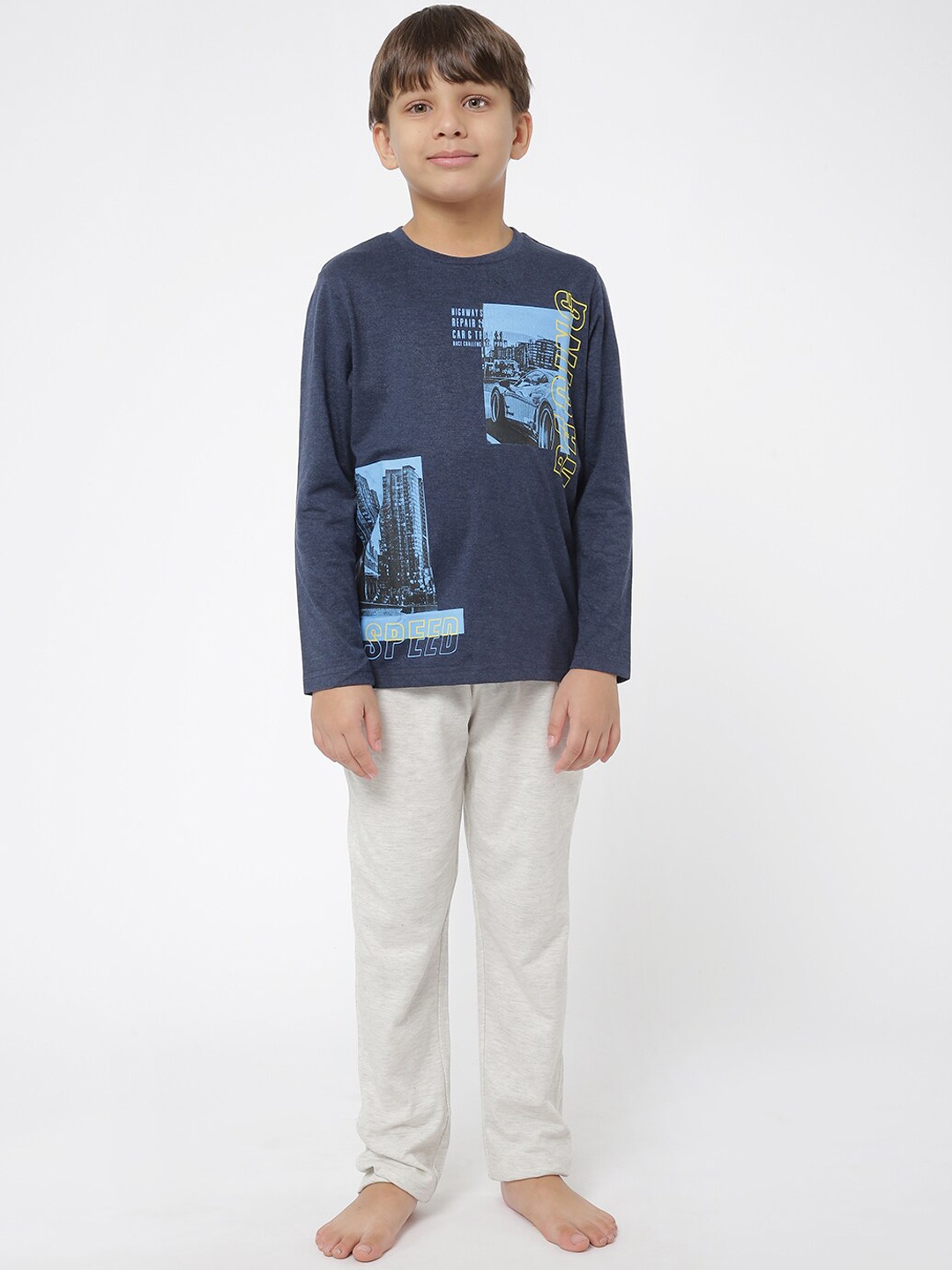 

Sweet Dreams Boys Navy Blue & Grey Melange Printed Night suit