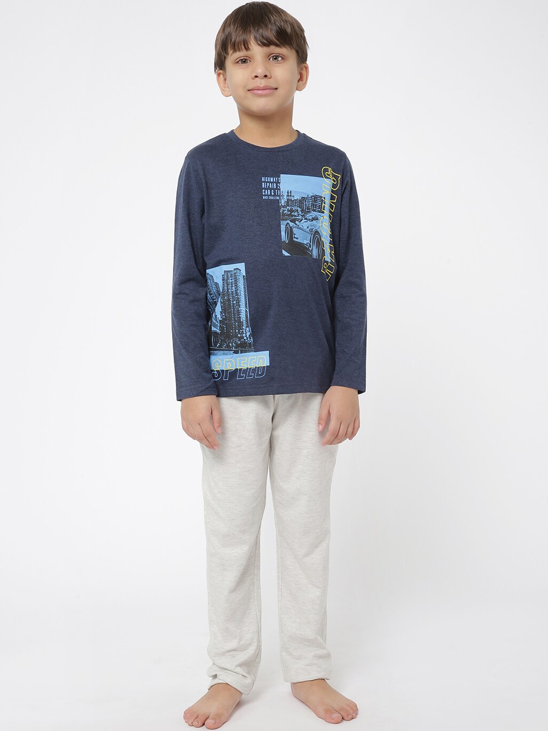 

Sweet Dreams Boys Navy Blue & Grey Melange Printed Night suit 5005GU NAVY MEL