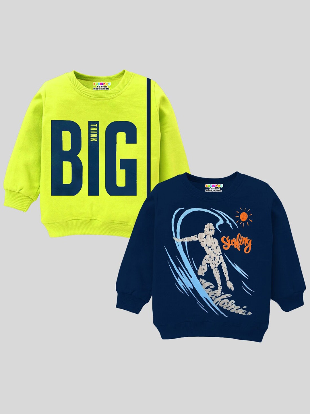 

KUCHIPOO Boys Pack Of 2 Yellow & Navy Blue Printed Sweatshirt