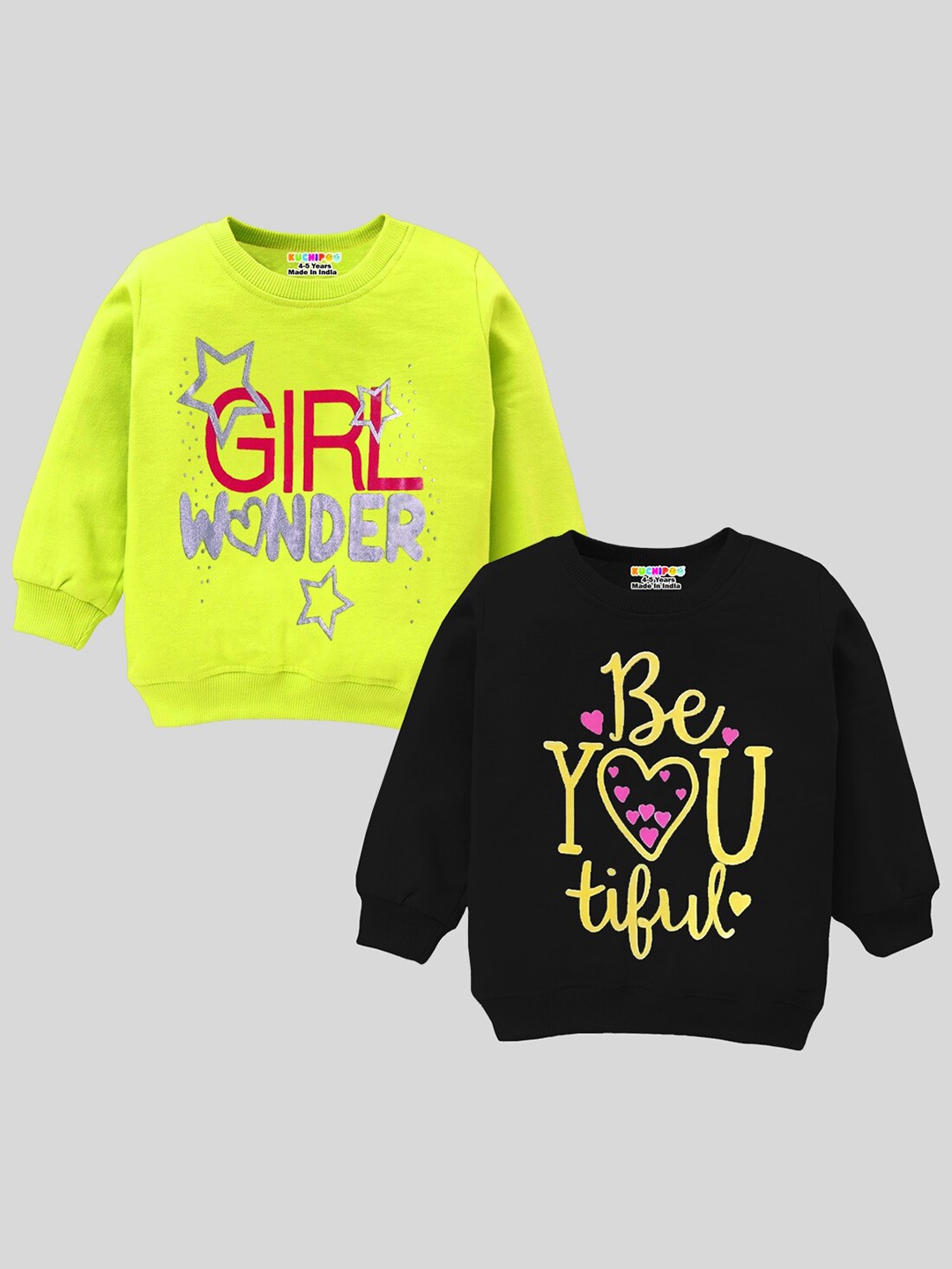 

KUCHIPOO Pack Of 2 Girls Yellow Printed Sweatshirt