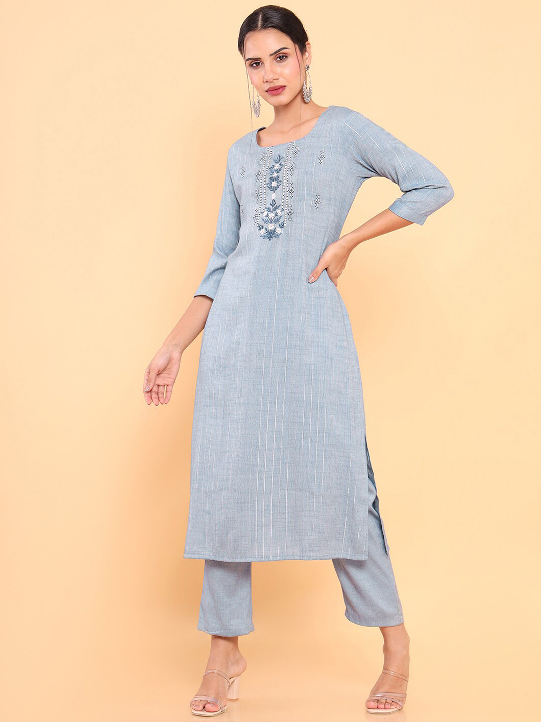 

Soch Women Blue Floral Embroidered Viscose Rayon Kurta with Trouser Set