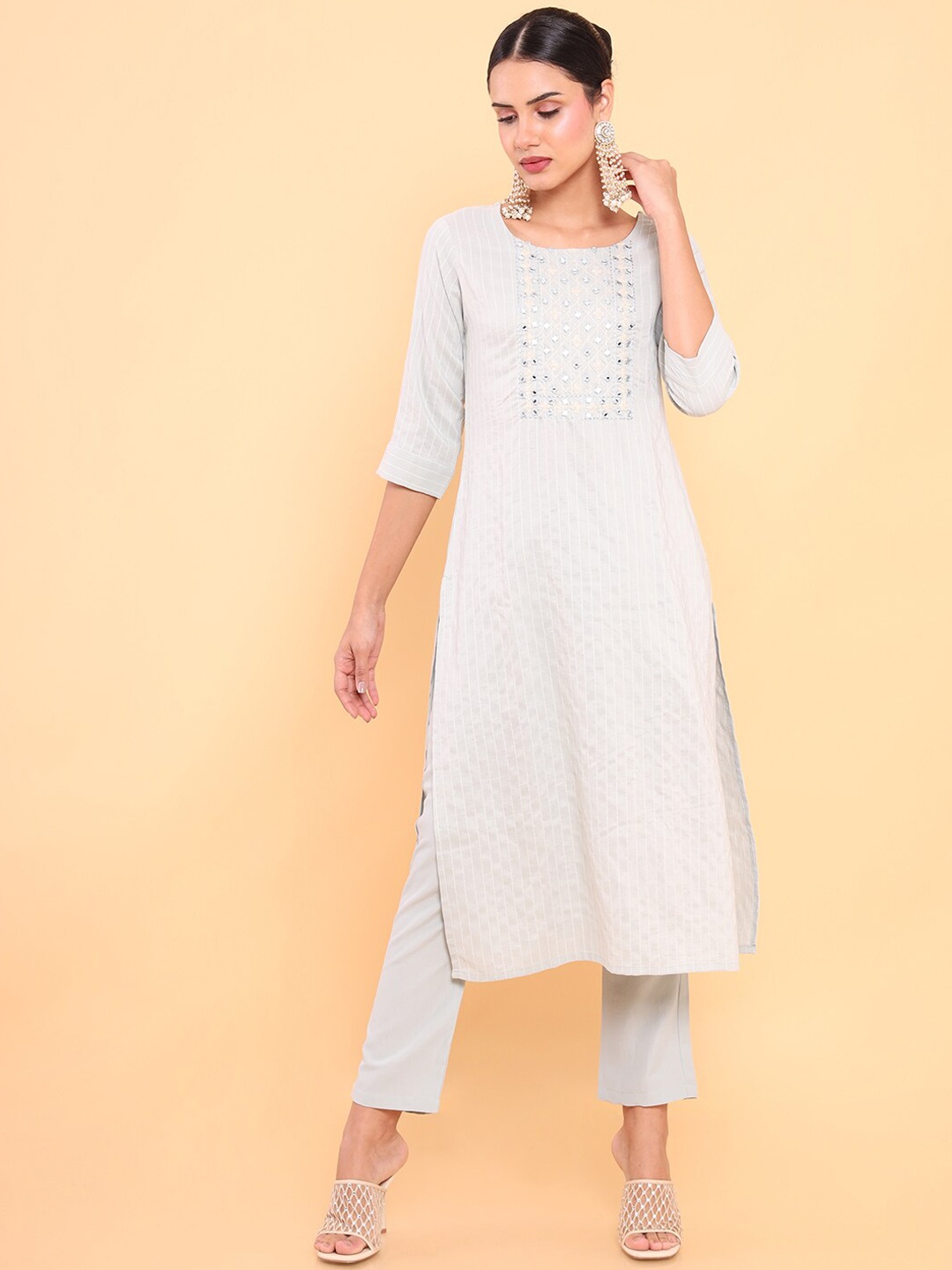 

Soch Women Grey Striped Mirror Work Kurta with Trousers