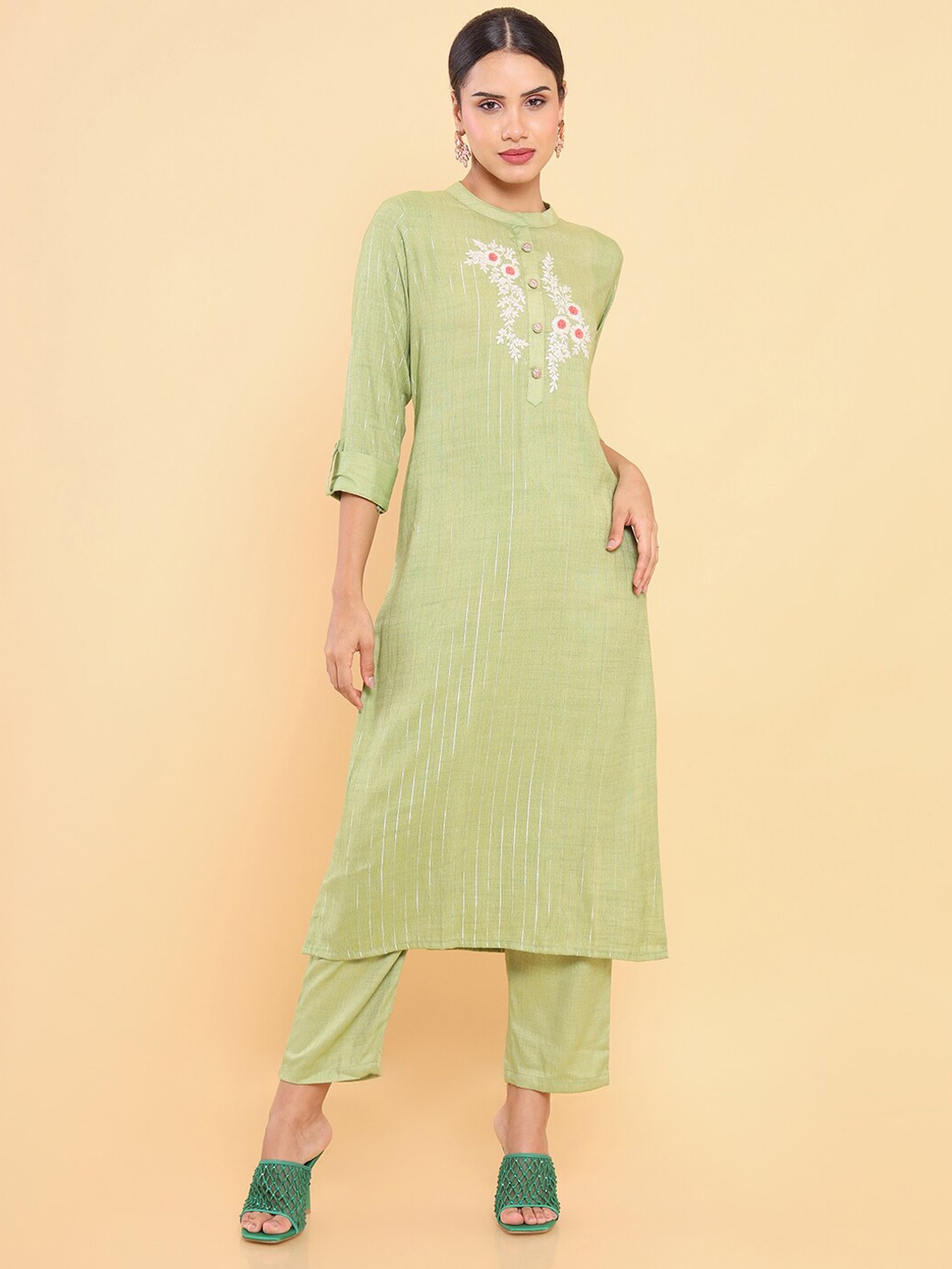 

Soch Women Green Striped Thread Work Kurta with Trouser