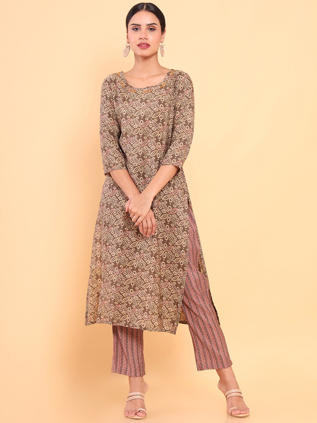 

Soch Women Brown Ethnic Motifs Printed Thread Work Pure Cotton Kurta with Trousers