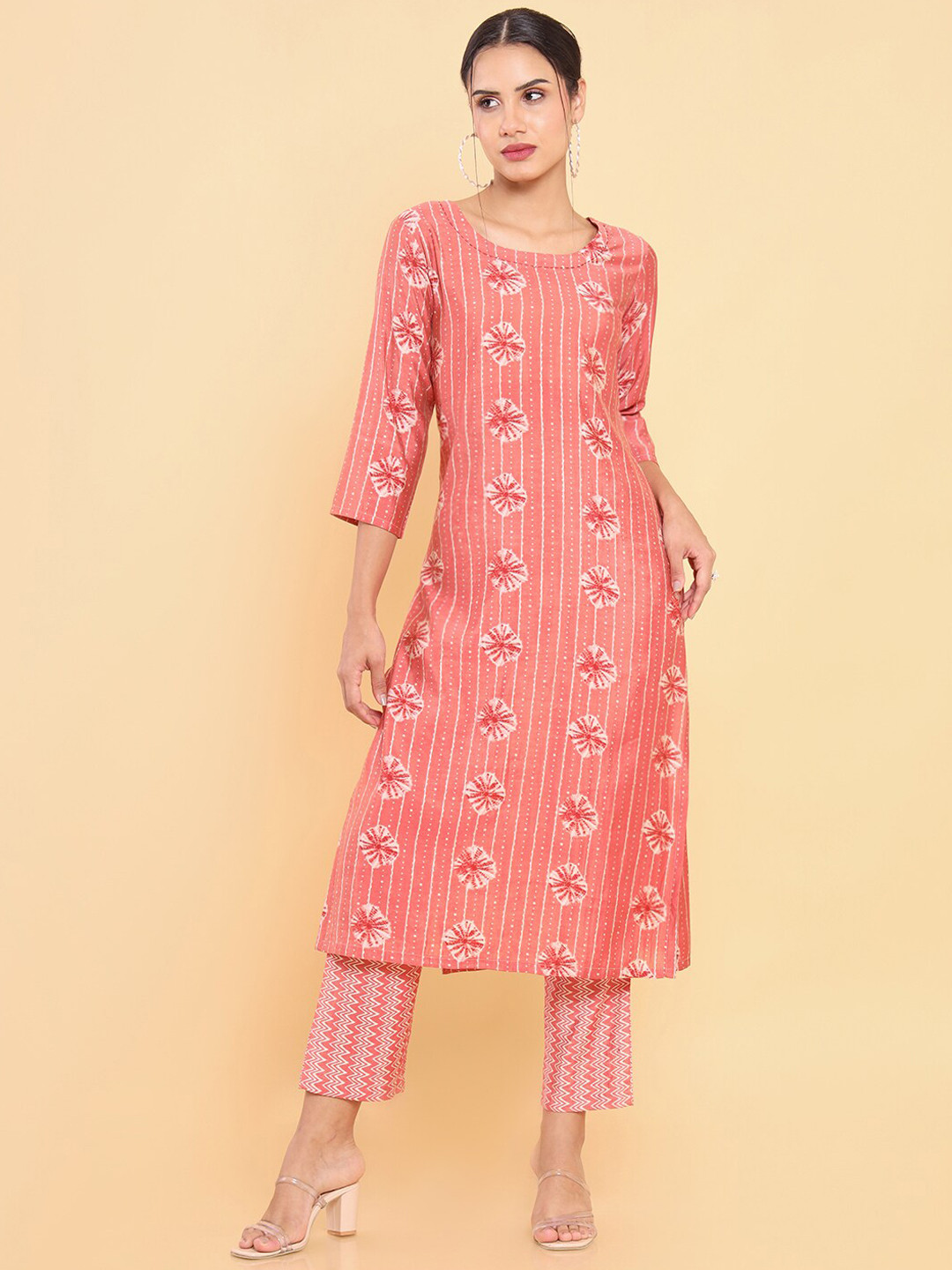 

Soch Women Pink & White Printed Pure Cotton Straight Kurta with Trousers