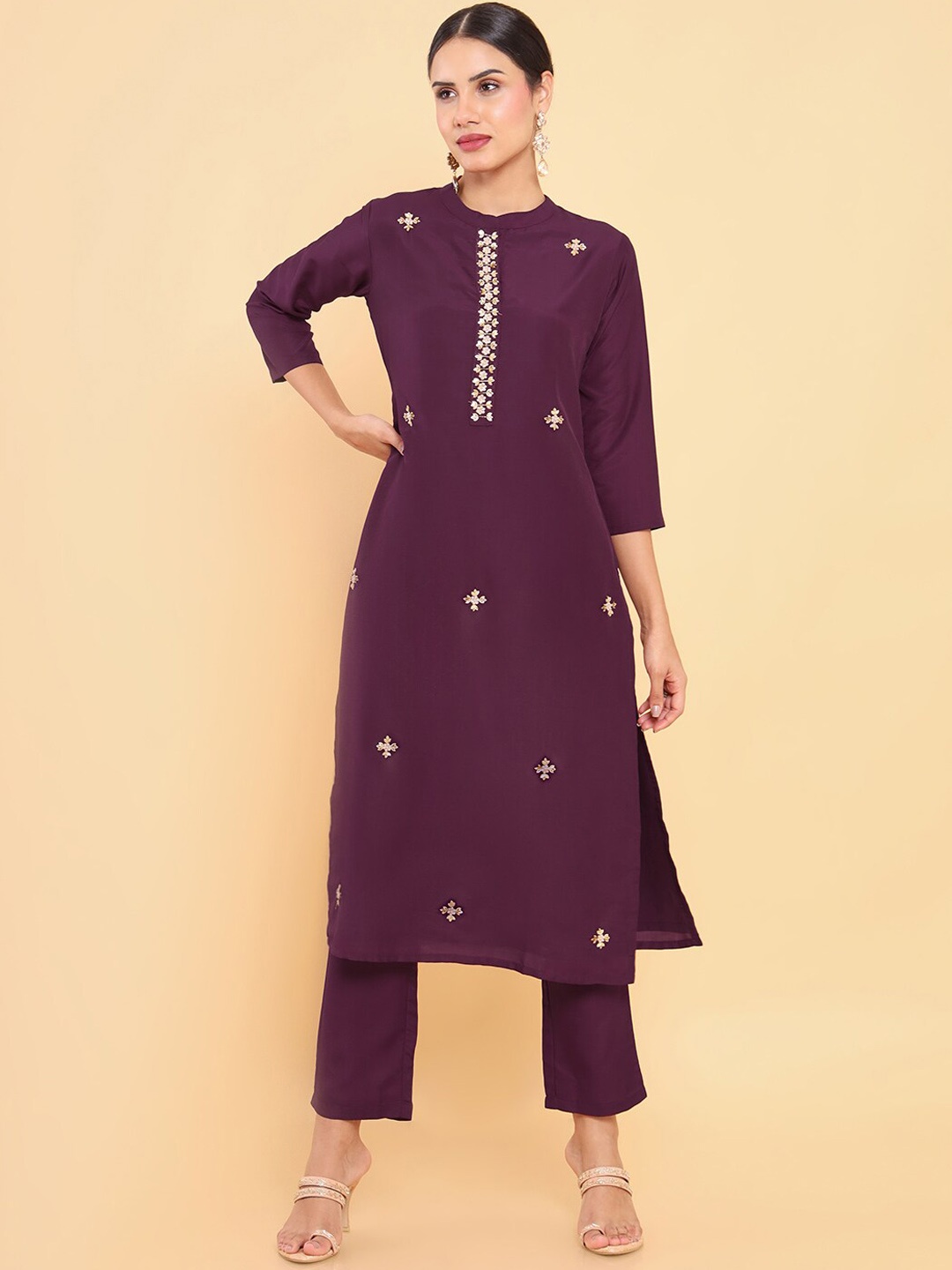 

Soch Women Purple Floral Embroidered Sequinned Pure Cotton Kurta with Trousers