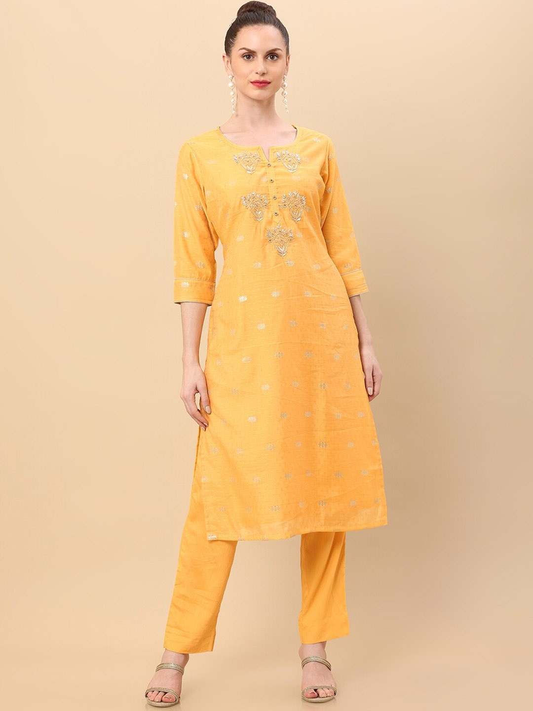 

Soch Women Yellow Floral Embroidered Thread Work Chanderi Silk Kurta with Trousers