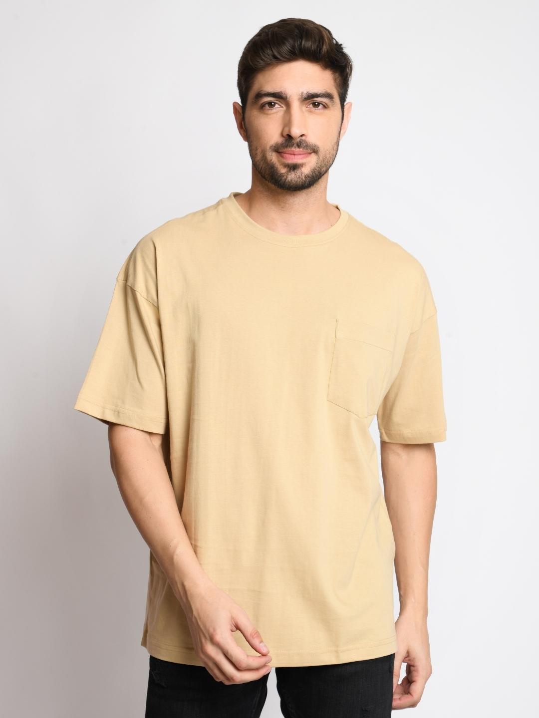 

BE AWARA Men Beige Relaxed Fit Solid Cotton T-shirt