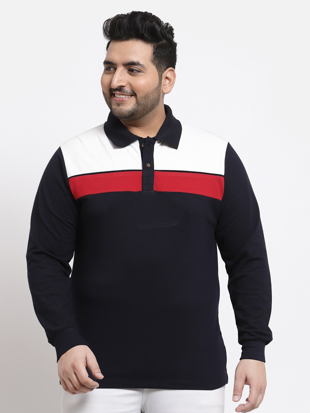 

Kalt Men Navy Blue Colourblocked Polo Collar Cotton T-shirt