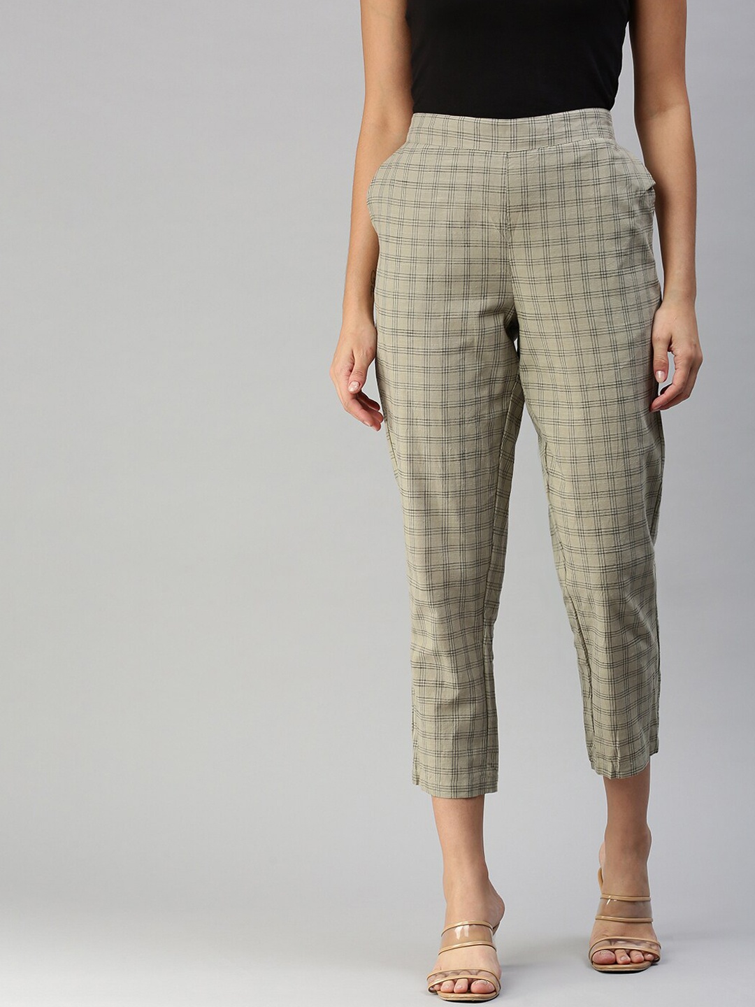 

De Moza Women Grey Checked Cigarette Pant Trousers