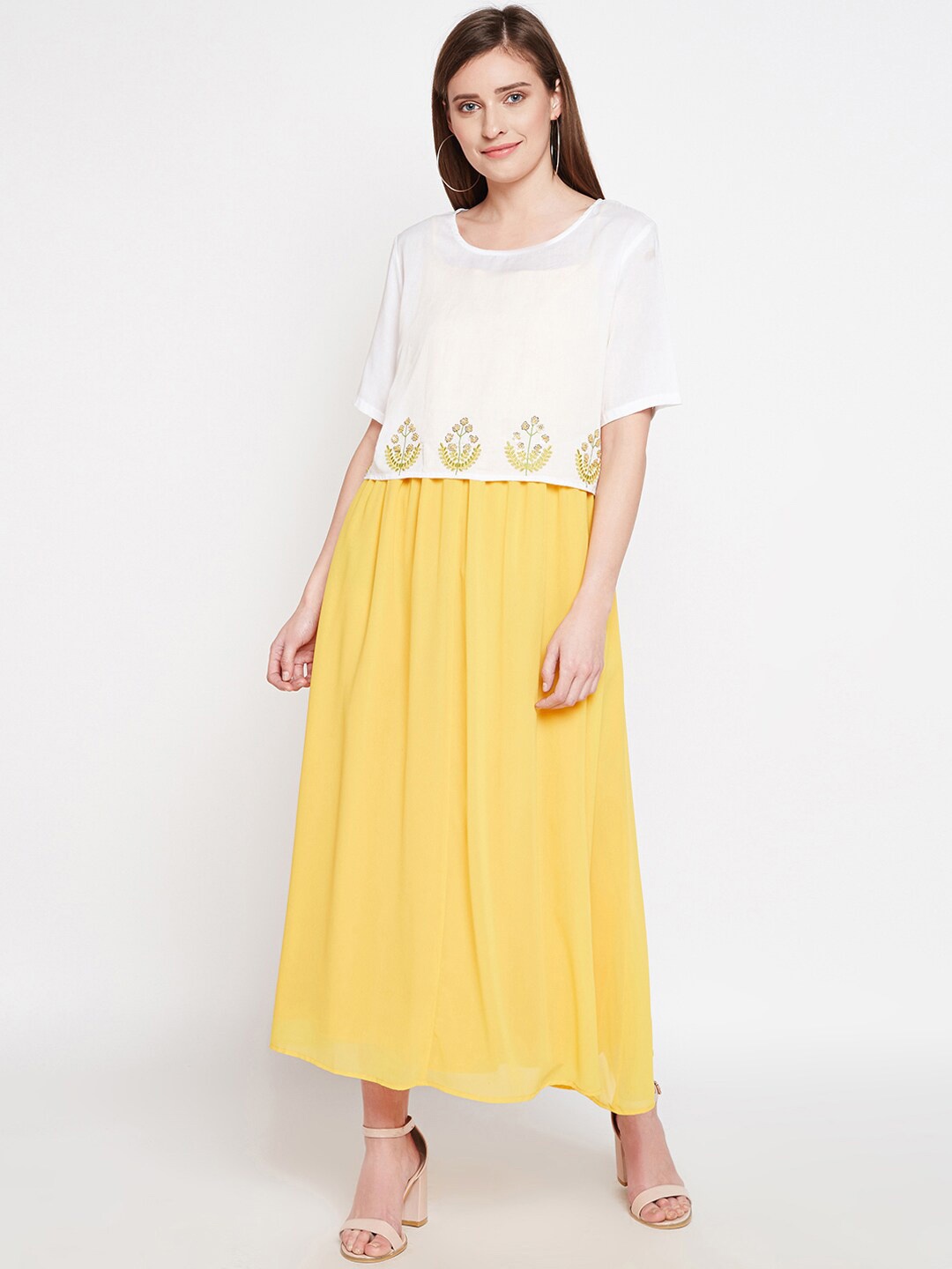 

Be Indi Yellow & White Colourblocked Blouson Maxi Dress