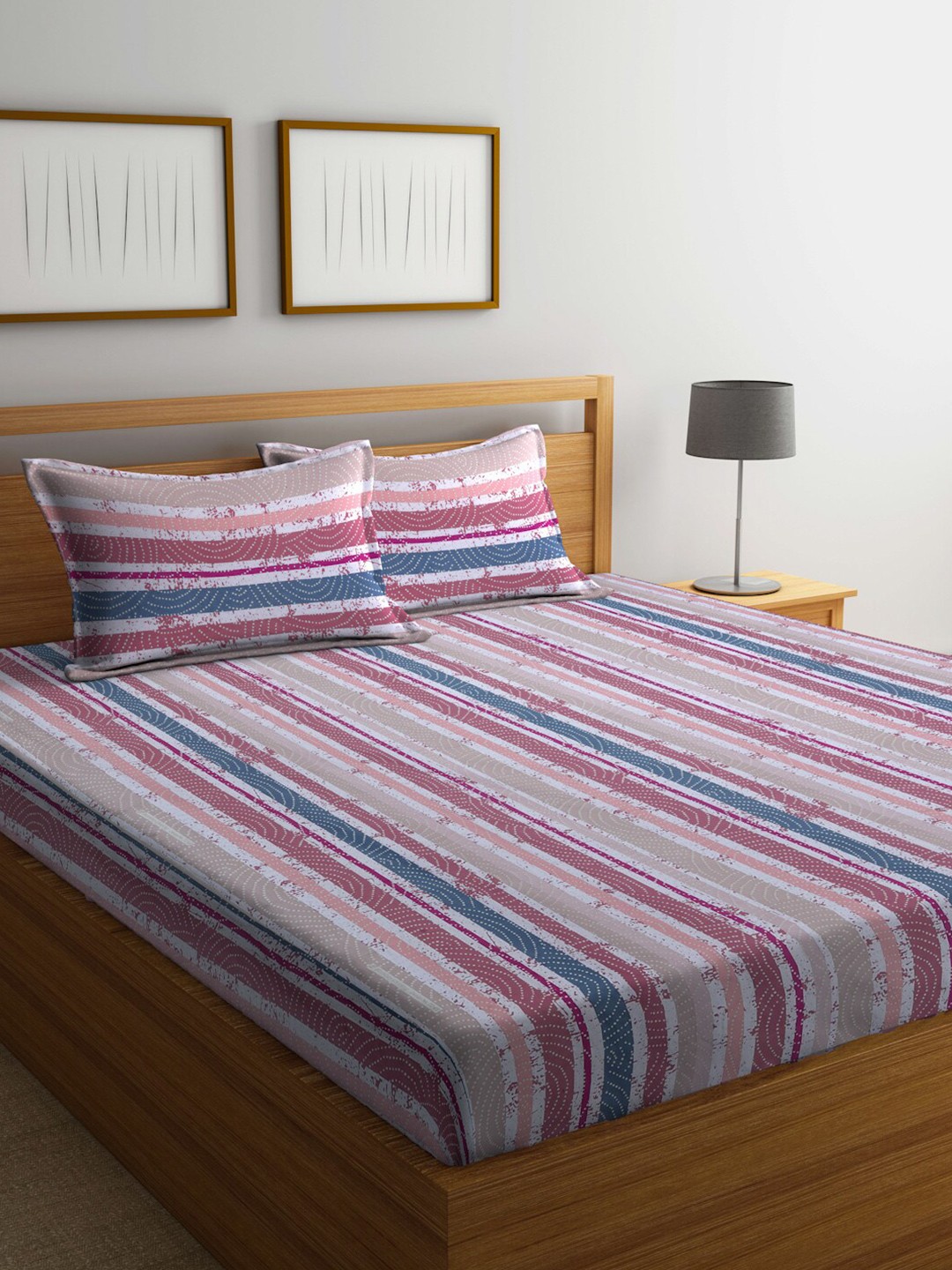 

BOMBAY DYEING Orange & Pink Striped 120 TC King Bedsheet with 2 Pillow Covers