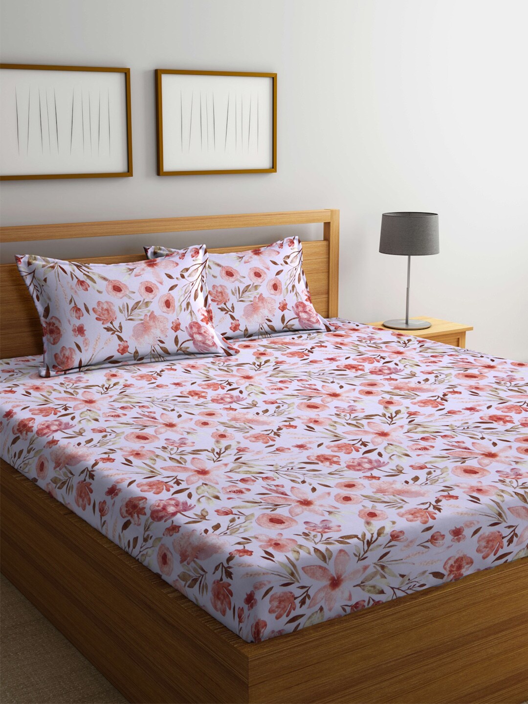 

BOMBAY DYEING Pink & Green Cotton Floral 120 TC Queen Bedsheet with 2 Pillow Covers
