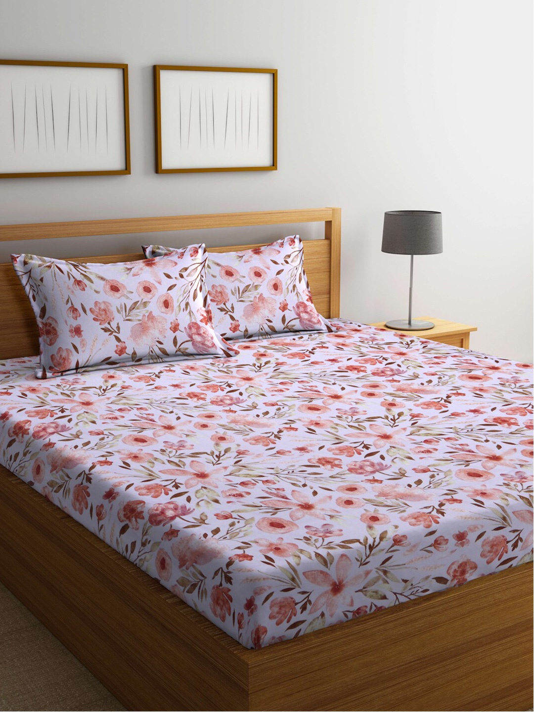 

BOMBAY DYEING Pink & Orange Floral Cotton 144 TC Queen Bedsheet with 2 Pillow Covers