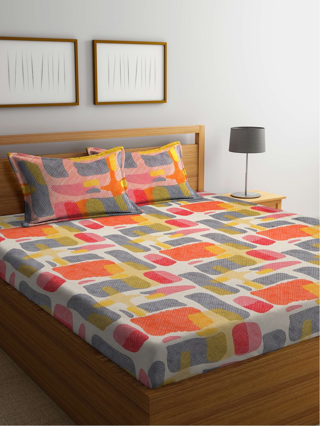 

BOMBAY DYEING Geometric 144 TC Cotton Queen Bedsheet with 2 Pillow Covers, Multi