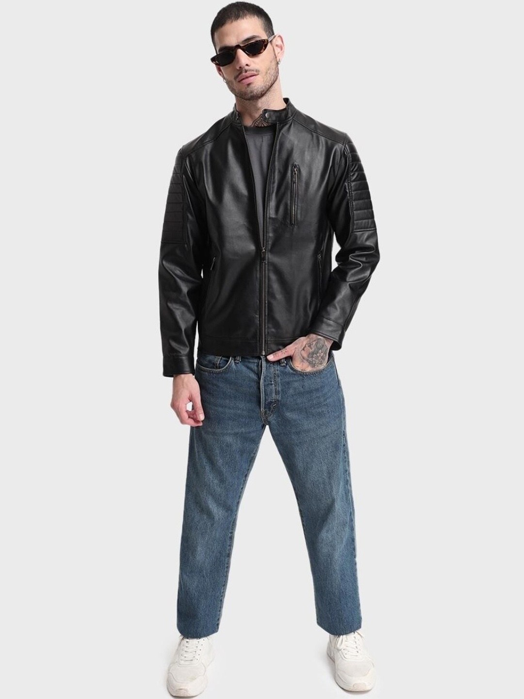 

Bewakoof Plus Men Plus Size Black Checked Crop Biker Jacket