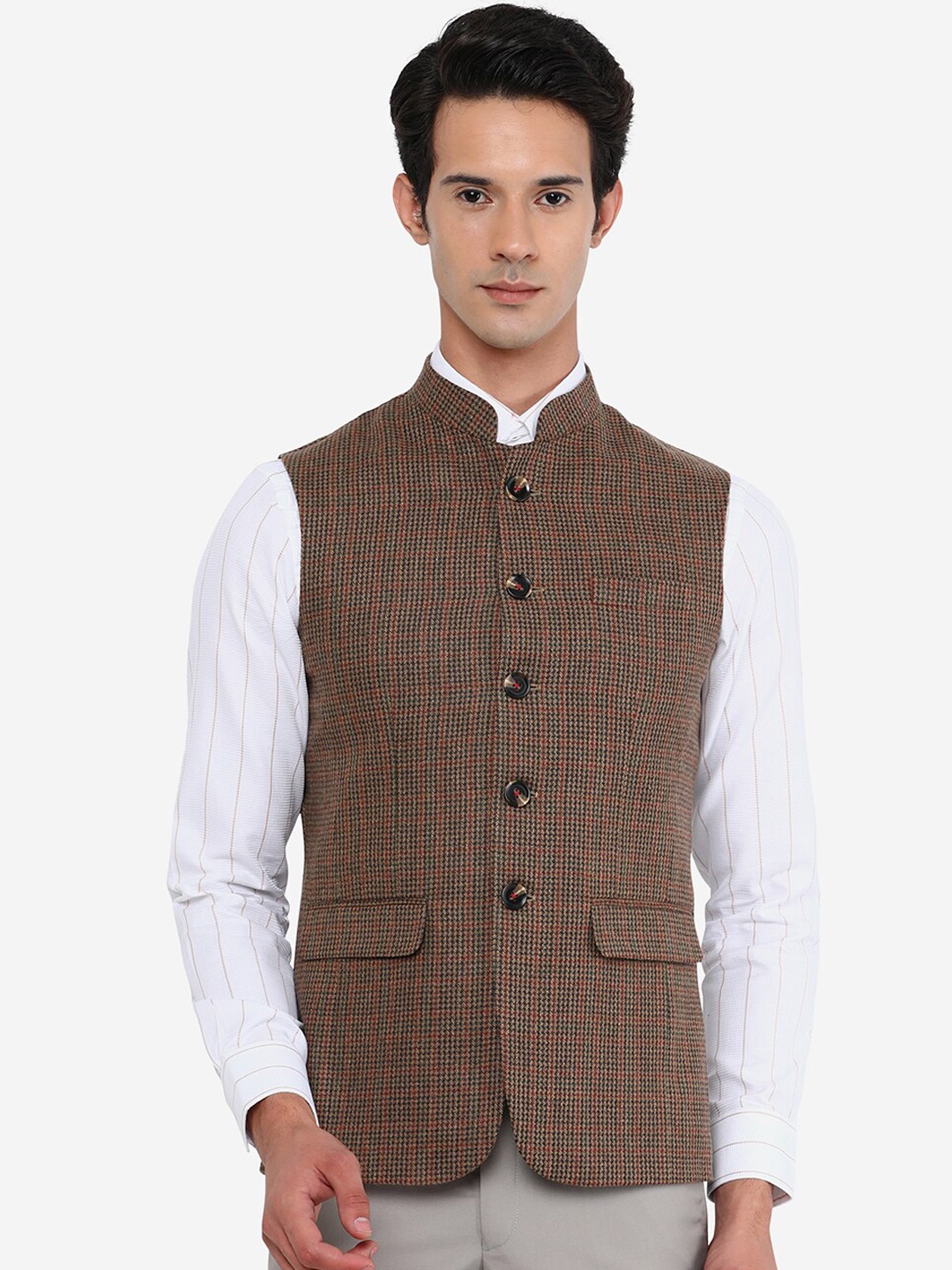 

JB STUDIO Men Brown Self Desined Wool Nehru Jacket