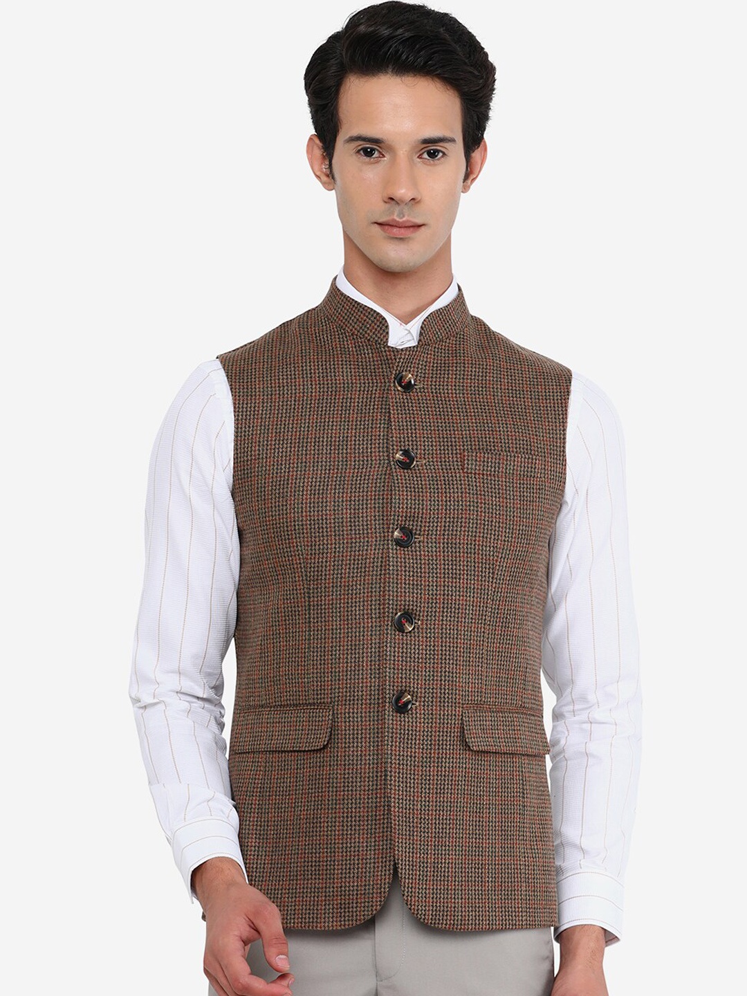 

JB Men's Brown Self design Regular Fit Terry Wool Waist Coat