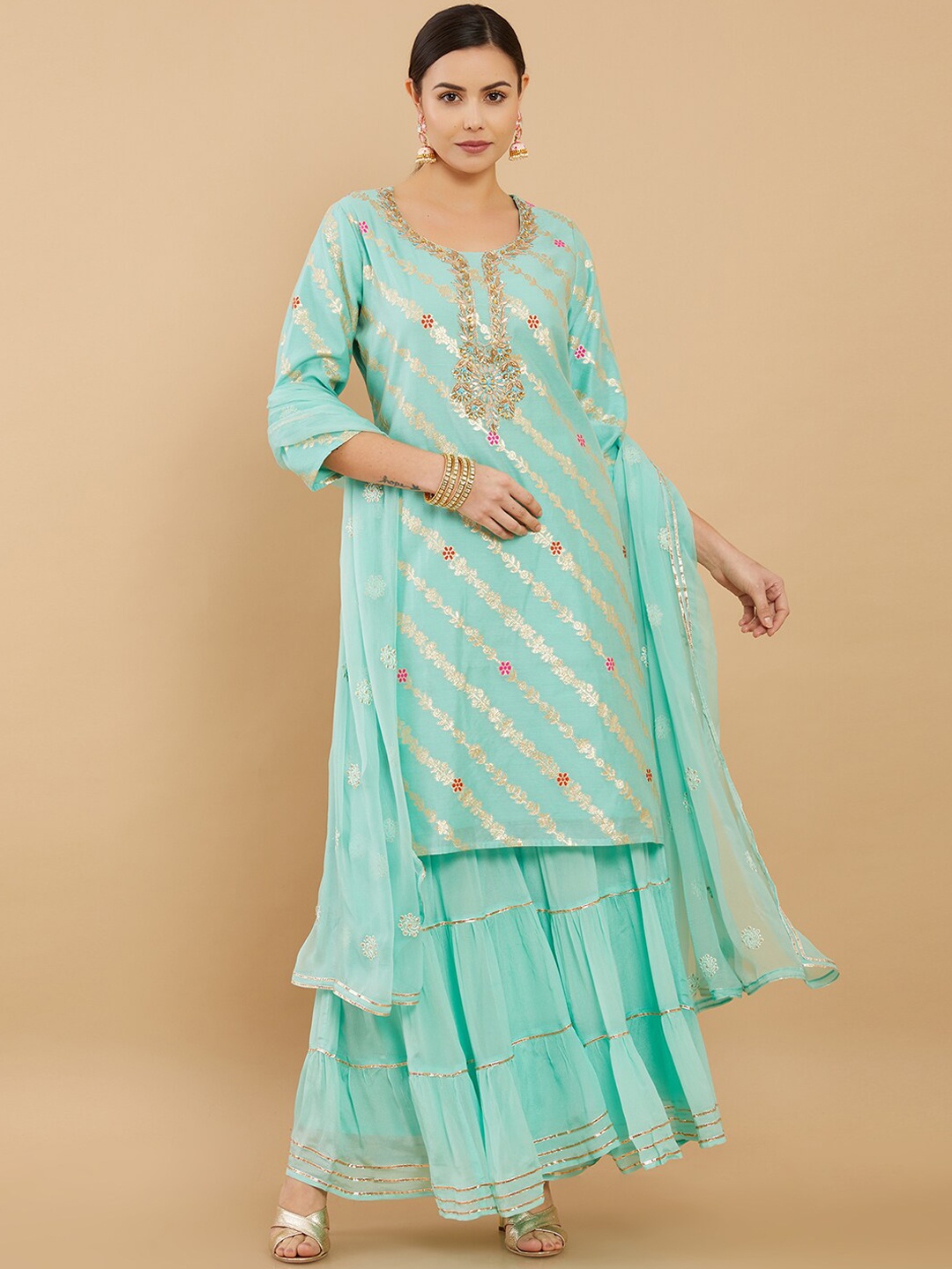 

Soch Women Blue Floral Embroidered Kurta with Sharara & Dupatta