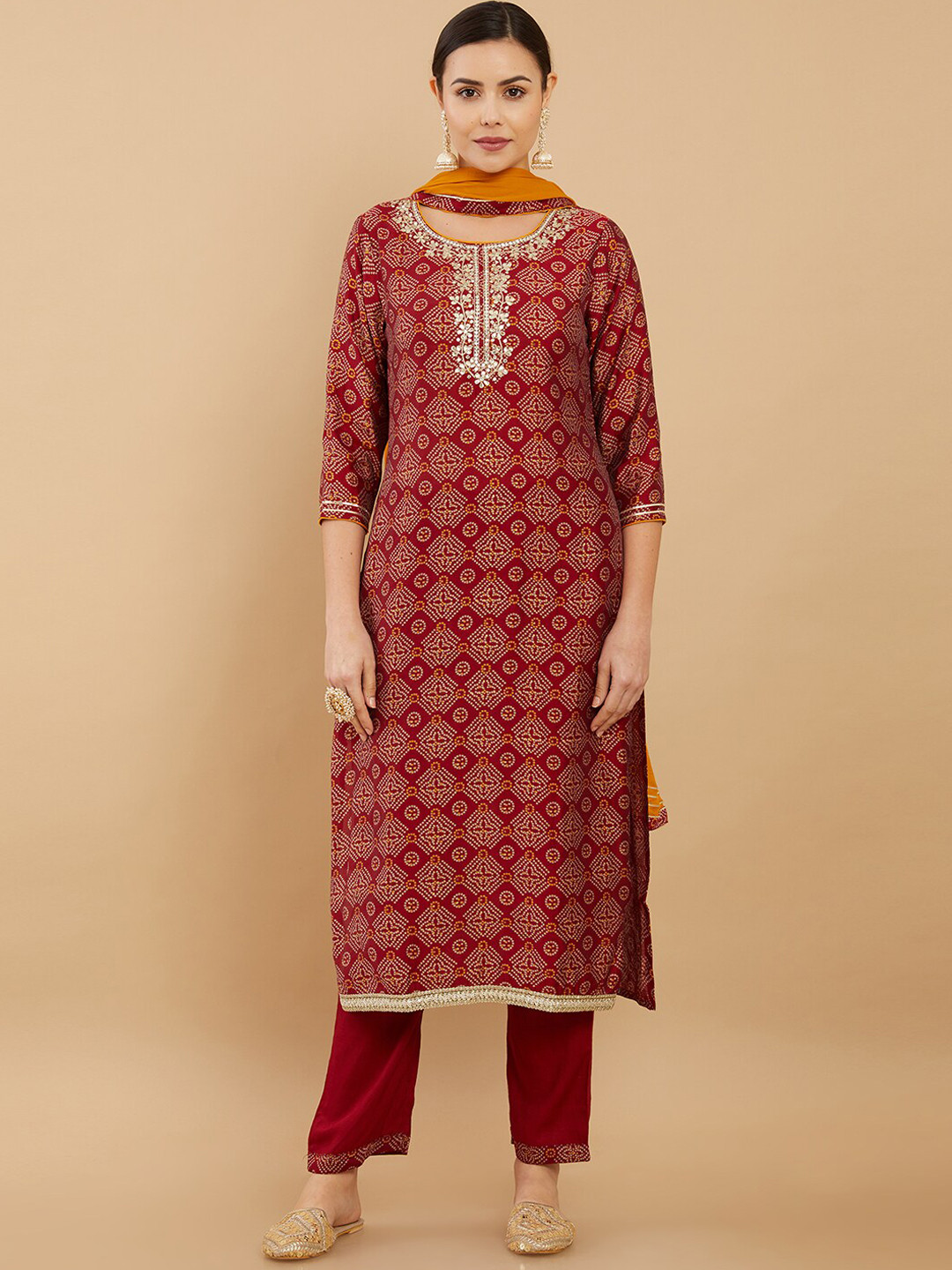 

Soch Women Red Bandhani Printed Pure Cotton Kurta with Trousers & With Dupatta