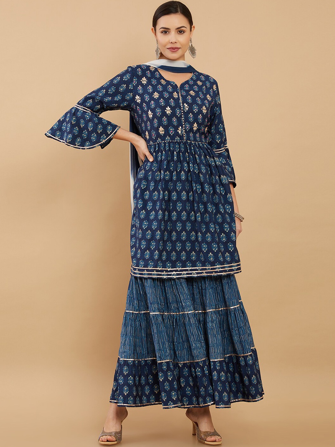 

Soch Women Blue Floral Printed Gotta Patti Pure Cotton Kurta with Sharara & Dupatta