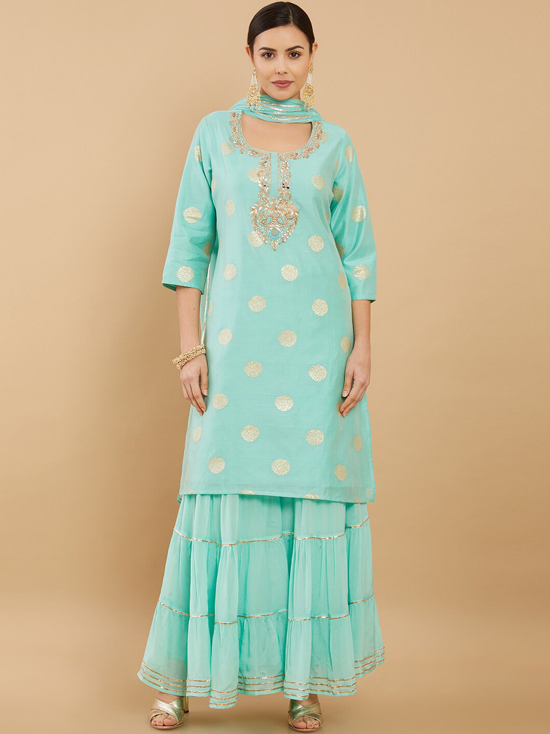 

Soch Women Turquoise Blue Embroidered Beads and Stones Kurta with Sharara & Dupatta