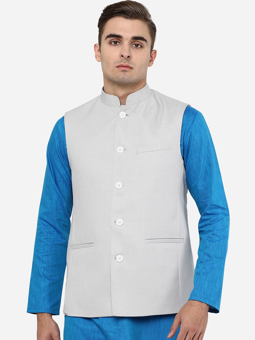 

MODI JACKET Mens Light Grey Self design Regular Fit Terry Wool Waist Coat