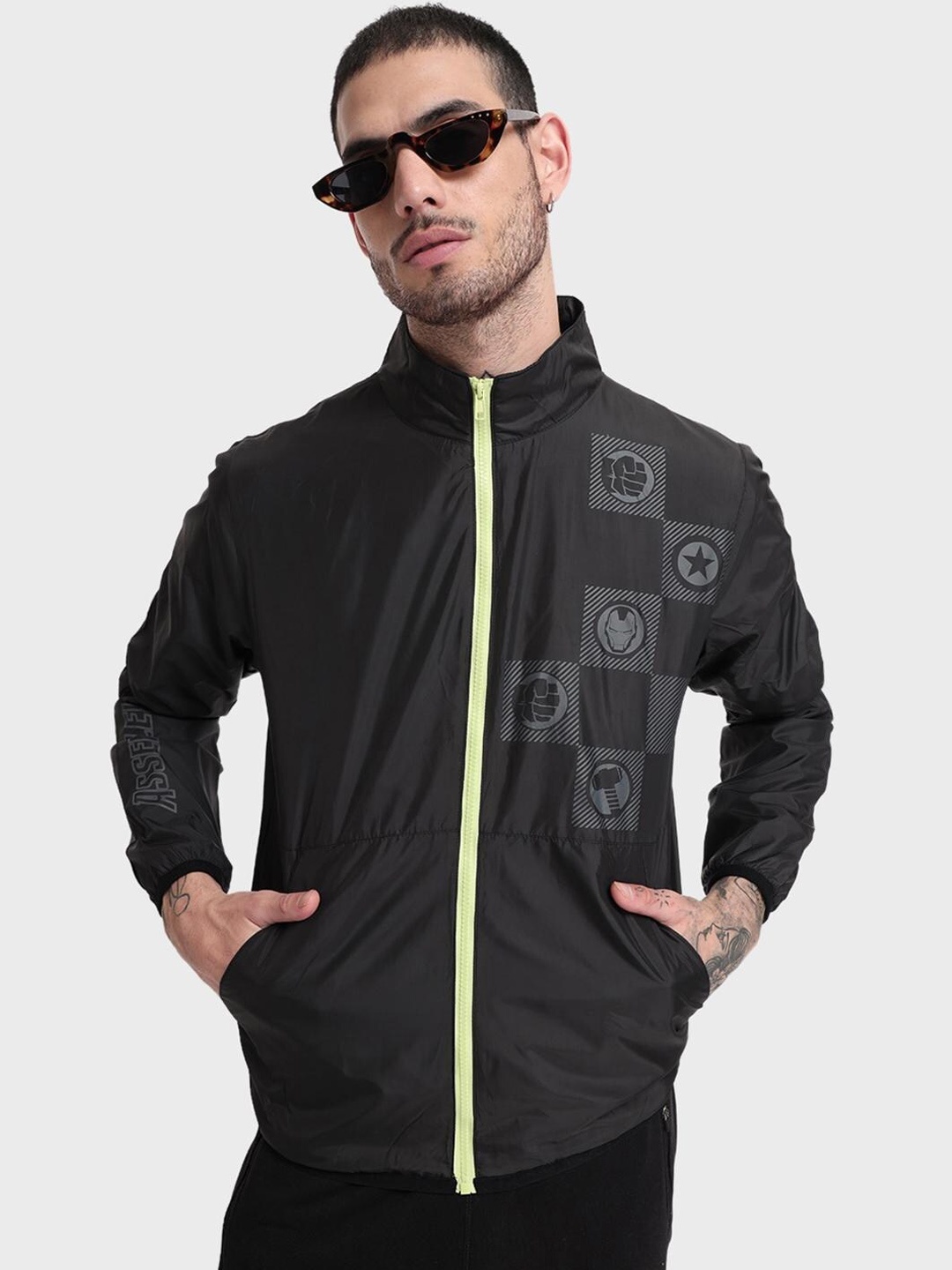 

Bewakoof Men Black Geometric Windcheater Outdoor Sporty Jacket