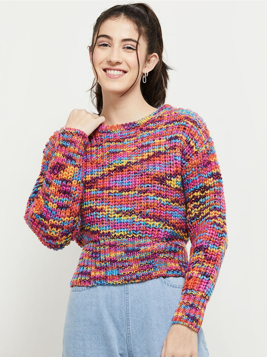 

max Women Maroon & Yellow Self Design Pullover Sweater